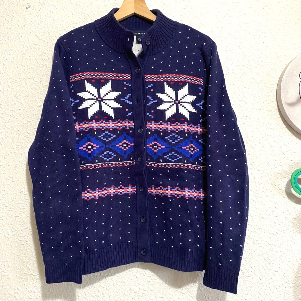 Lands End Navy Christmas Preppy knit‎ Cardigan Sweater old money M cottage norm